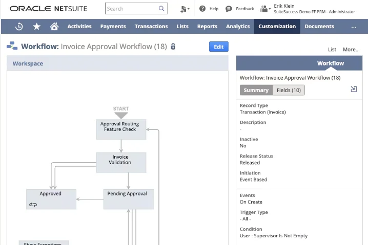 NetSuite invoice approval workflow: validation, pending approval, approved and rejected steps
