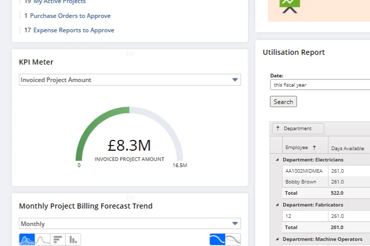 NetSuite dashboard with ProScope: an invoiced project amount meter above a monthly project billing forecast
